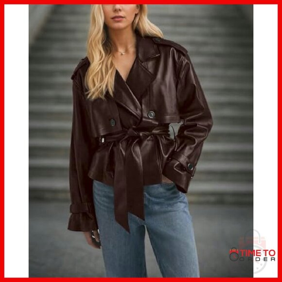 Faux Leather Belted Trench Coat Moto Jacket Women's Size Small - Picture 4 of 7